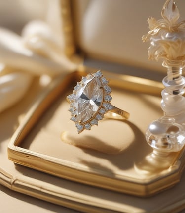 A large, elegant silver ring decorated with multiple square-cut gemstones is displayed on a cushioned white surface against a grey background. The ring's intricate design includes a detailed border surrounding the central stones, giving it a luxurious appearance.