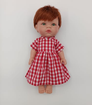 Lille Love doll dressed in red gingham dress made for 32cm Miniland doll