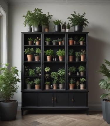 A collection of lush green plants with broad leaves is arranged in individual brown pots. The leaves are dense and exhibit a variety of green shades, with some plants having white blooms emerging. The setup is placed on a grid-patterned floor, providing a fresh and natural atmosphere.