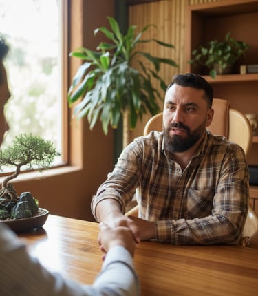 a man in a plaid shirt is sitting at a table