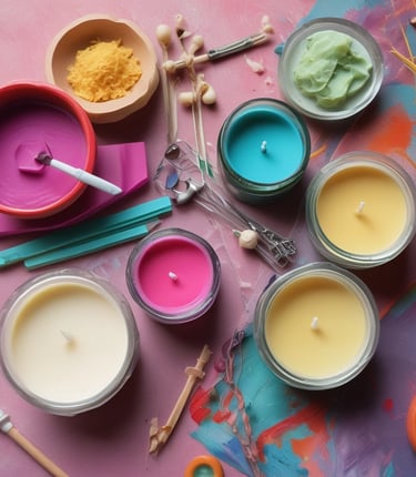 A wooden box filled with hand-rolled yellow candles secured with paper bands and handwritten labels. The box is placed amidst open books or paper sheets with text. There are additional candles and string visible, giving a warm and rustic atmosphere.