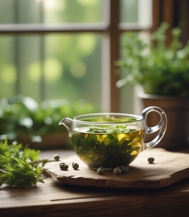 Chá herbal de plantas medicinais em xícara de vidro