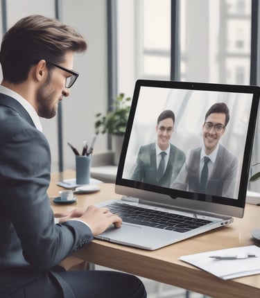a man in a suit and tie is on a laptop computer