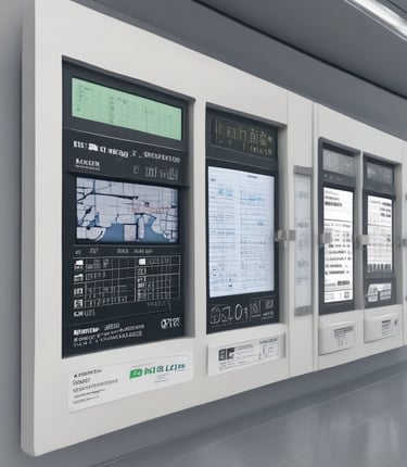 Several battery storage systems are organized in a room with a green floor. Each system is housed within a white metal frame, featuring black components and various wiring connections. Coiled cables hang on the wall, and some cables are on the floor in front of the systems.
