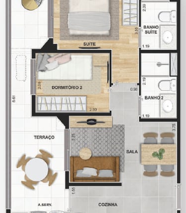 52m² - 2 Dorms - Vaga, Varanda e Suíte