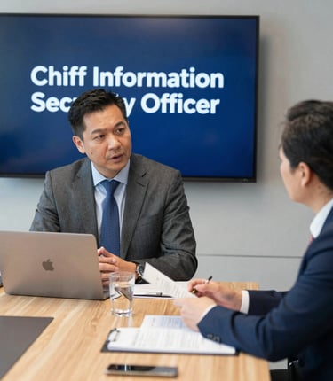 A professional consulting with a client over a laptop, surrounded by cybersecurity charts and notes.