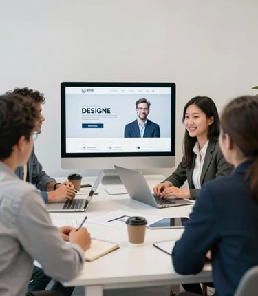 A friendly team meeting with local officials discussing website design plans.