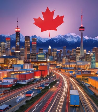 A vibrant market stall showcasing diverse international food products with Canadian shoppers browsing.