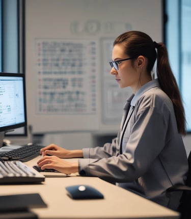 A focused cybersecurity expert analyzing digital data streams on multiple screens in a modern office.