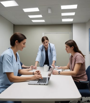 A warm, inviting consultation between a healthcare provider and a patient in a softly lit, earth-toned room.