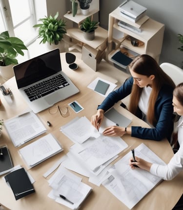 A friendly professional team working together in a modern office environment.