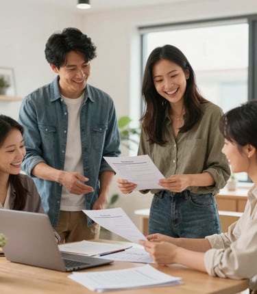 A warm, welcoming office scene with friendly staff assisting a migrant worker with paperwork.