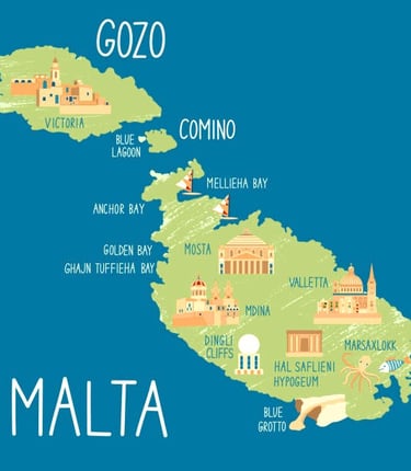 Illustrated tourist map of Malta, Gozo, and Comino featuring landmarks like Valletta and Mdina.