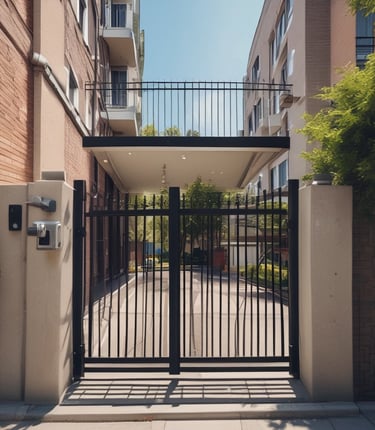 A modern security gate equipped with facial recognition and access control devices at a condominium entrance.
