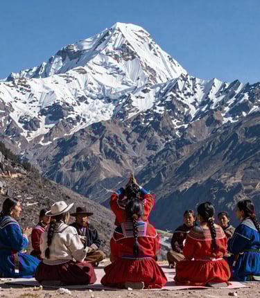 A serene mountain landscape of the Andes with a group practicing yoga at sunrise.