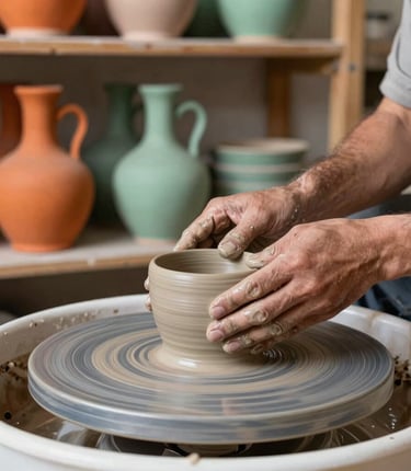 An artisan potter's hands gently shaping a smooth stoneware clay piece on a rotating wheel in a studio setting in Turkey / Mediterranean. Background softly blurred featuring colorful terracotta orange and sage green ceramic pieces on open wooden shelves.