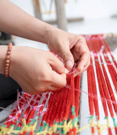 Artisan hands skillfully tying red silk threads on a traditional ikat weaving loom.