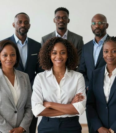 Smiling team of financial experts collaborating over development project plans in a bright office.