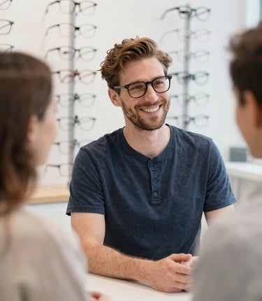 A warm, inviting optical shop interior with vintage and modern eyewear displays.