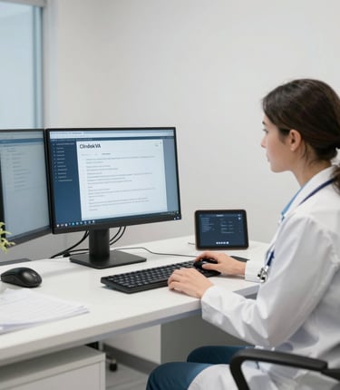 A friendly medical virtual assistant working remotely with healthcare documents and a headset.