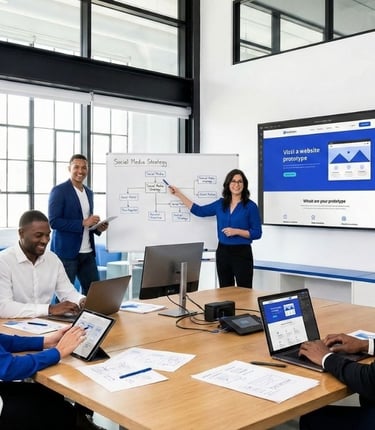 A creative team collaborating on web development and social media strategies in a bright office.