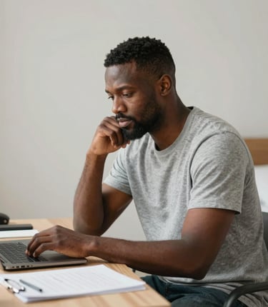 A calm workspace with a laptop displaying recovery worksheets and a cup of tea nearby.