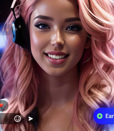 a woman with pink hair and headphones on a video game
