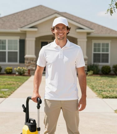 A professional cleaner softly washing a luxury home's exterior with care and precision on a sunny day.