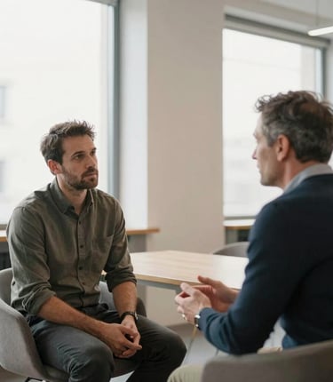 A consultant discussing process improvements with a small business team in a bright Berlin office.
