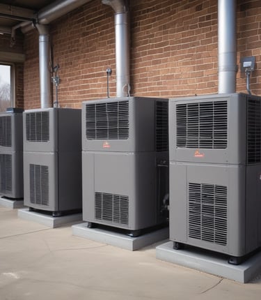 Technician repairing a large industrial cooling tower under a clear sky.