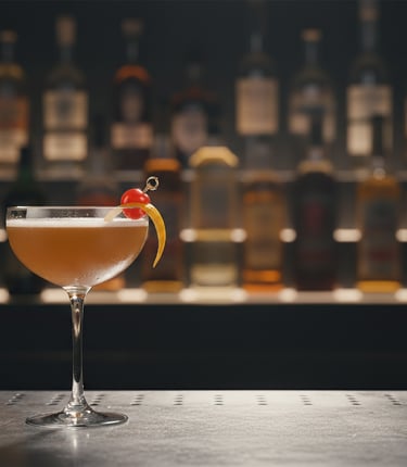 Cocktails-cognac, cocktails dans une coupe devant bouteilles sur étagère