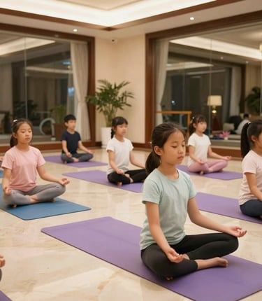 Children happily practicing yoga poses together in a bright, colorful studio filled with playful decorations.