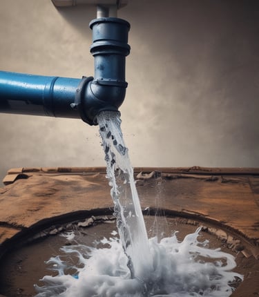 A water pipe is mounted on a wall, with a leak spraying water out in a narrow stream. The wall has some visible stains and damage, and there is a red object leaning against the wall.