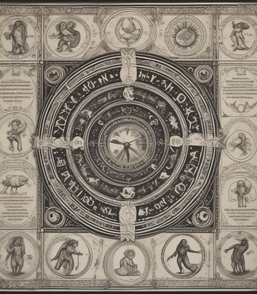 A small astrology book is placed on top of an open journal with celestial and map designs. There is also a small notepad displaying phases of the moon and a larger book with a green and gold ornate cover in the background.