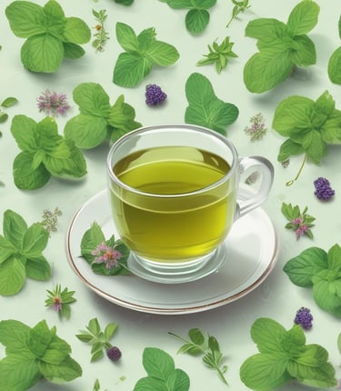 Three square boxes labeled with herbal tea names lie on a light textured surface. A glass cup filled with tea, containing a tea bag, is placed near the center. Two eucalyptus branches extend into the scene from the edges.