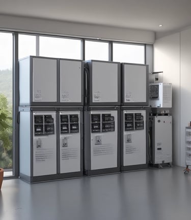 A white energy storage system labeled with 'HARVEYPOW' is situated in an industrial setting, surrounded by cardboard and wooden pallets. There is a green stripe on the unit with the words 'Energy storage system' beneath the brand name. The environment appears to be a warehouse.