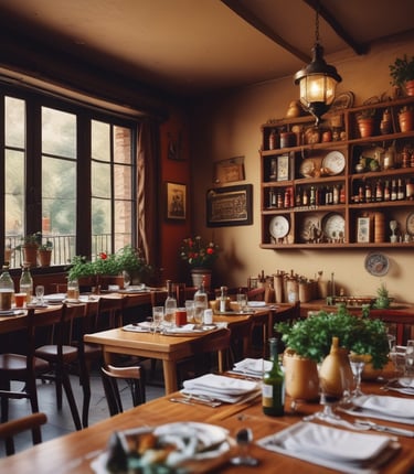 A cozy restaurant interior with wooden tables and warm lighting.