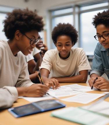 A diverse group of young black students engaged in a workshop setting.