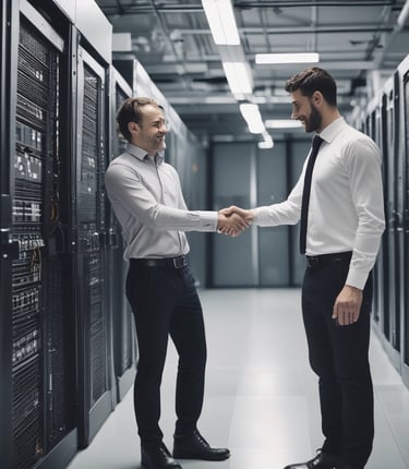 A hand holding a thermal scanner is pointed towards a rack of computer servers. The servers are illuminated with blue LED lights, giving a technological and futuristic feel.