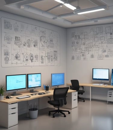 A dimly lit room features a prominent illuminated sign displaying the words 'Sysco LABS.' Below the sign are office desks with various electronic devices, including laptops and cables. The lighting creates a cool and professional atmosphere.