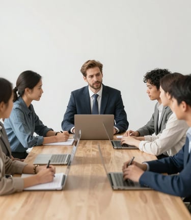 A person stands in a professional setting holding a blue folder. They are wearing a teal blazer over a white shirt and jeans. The background features glass walls and what appears to be a server room with blue lighting, suggesting a technological or business environment.