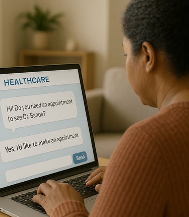 AI chatbot on healthcare website screen as patient types in appointment request.