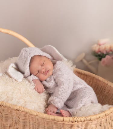 un bebé recién nacido en una cobija dentro de una canasta de paja