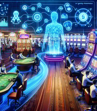 Casino floor with AI-enhanced slot machines and table games, featuring holographic displays and data