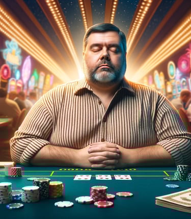 Middle-aged man with a larger body practicing mindful breathing at a casino table.