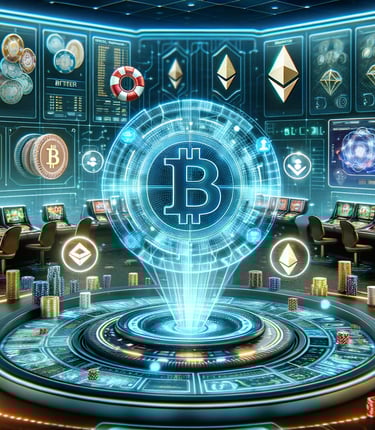 Futuristic casino environment with holographic displays, Bitcoin, Ethereum, and blockchain network.