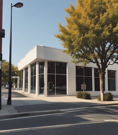 A modern building with a rectangular shape, featuring horizontal lines of teal and white. There is a prominent street lamp with a curved arm extending above the building, and a sign that reads 'Liquidation Rug Company SALE' in yellow and black on one of the building walls. The top part of the building has reflective glass windows with a soft beige tint. There are also narrow sections of vertical windows below the main signage.