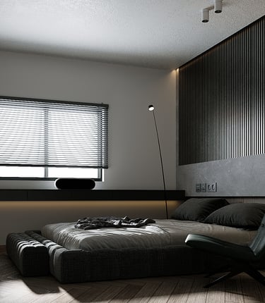 Media room with a wall-mounted TV, sleek media console, and modern seating arrangement.