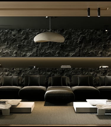 "Luxury lounge area with dark stone walls, plush seating, and elegant lighting fixtures."