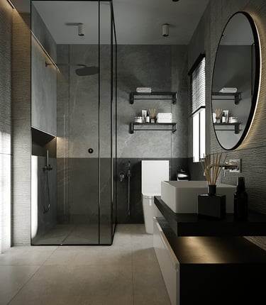 "Contemporary bathroom with a walk-in shower, floating vanity, and round mirror."